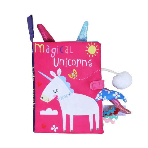 Livro de pano interativo para bebês de 0 a 36 meses com sons e chocalho, ideal para aprendizado precoce.