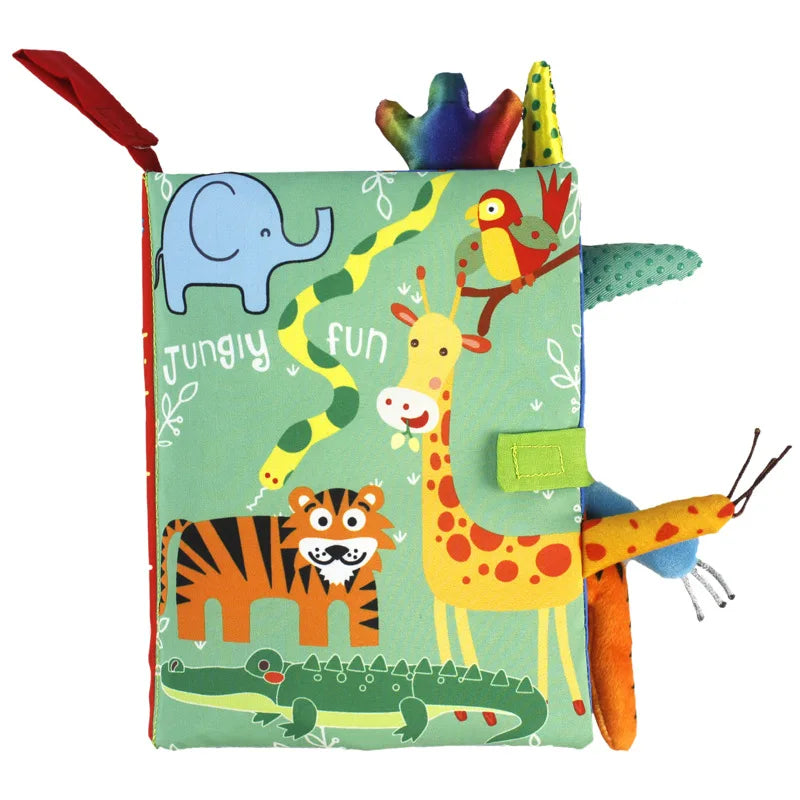 Livro de pano interativo para bebês de 0 a 36 meses com sons e chocalho, ideal para aprendizado precoce.