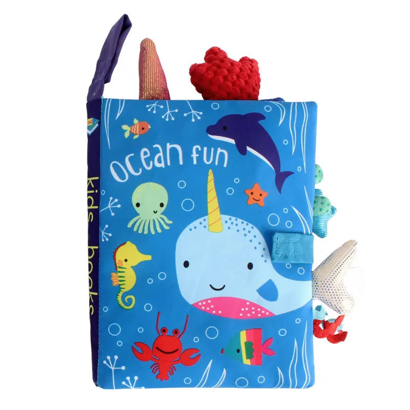 Livro de pano interativo para bebês de 0 a 36 meses com sons e chocalho, ideal para aprendizado precoce.