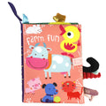 Livro de pano interativo para bebês de 0 a 36 meses com sons e chocalho, ideal para aprendizado precoce.