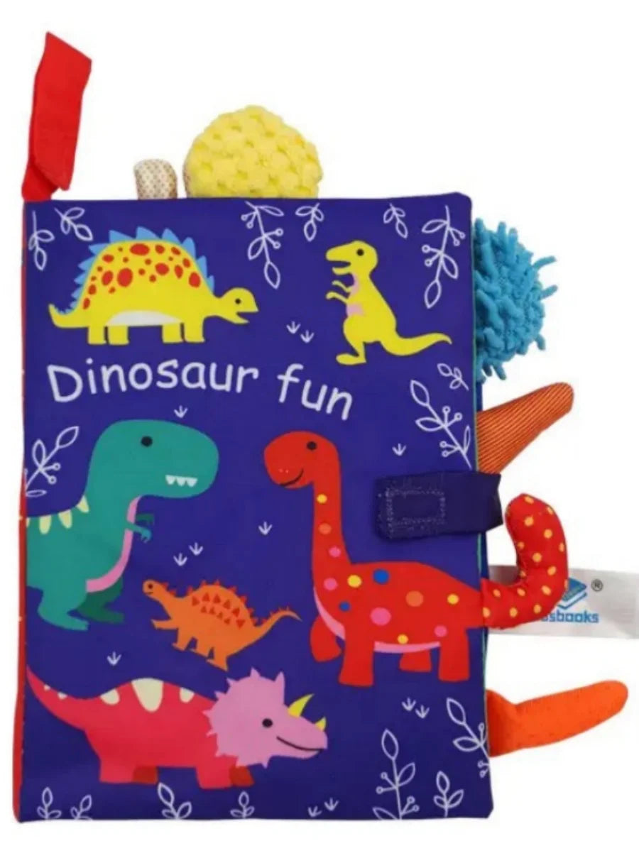 Livro de pano interativo para bebês de 0 a 36 meses com sons e chocalho, ideal para aprendizado precoce.