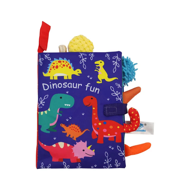 Livro de pano interativo para bebês de 0 a 36 meses com sons e chocalho, ideal para aprendizado precoce.