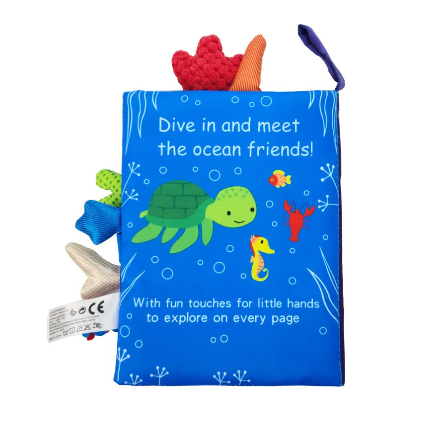 Livro de pano interativo para bebês de 0 a 36 meses com sons e chocalho, ideal para aprendizado precoce.